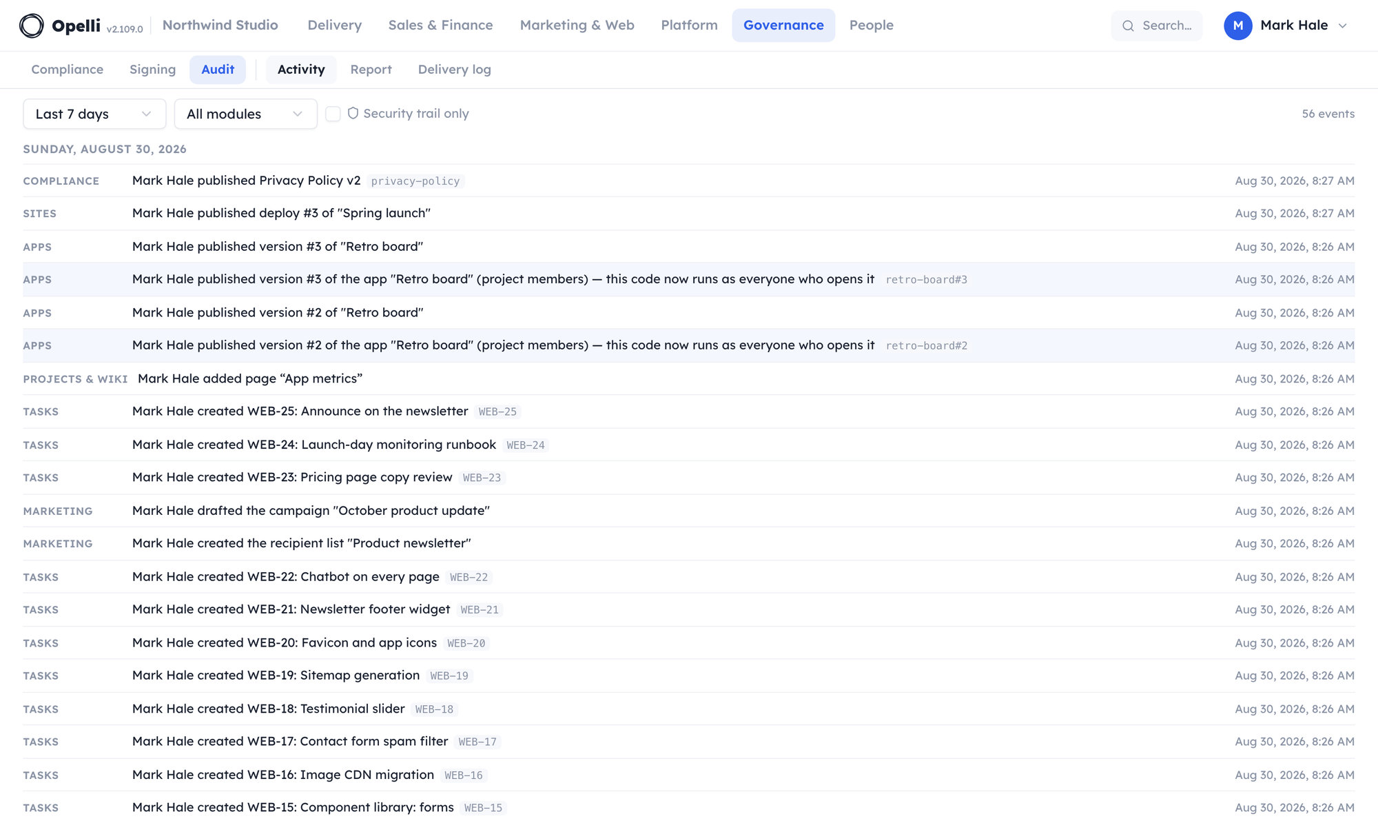 The Audit activity stream: events grouped by day with a module label per row, range and module filters, and a security-trail toggle.