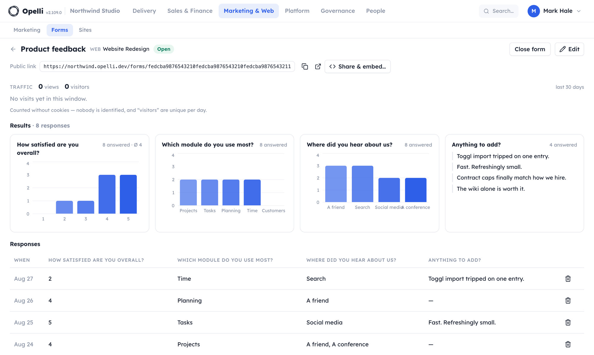 The Forms results view: per-question charts for the rating and choice questions, latest text answers, and the response table under the public link.