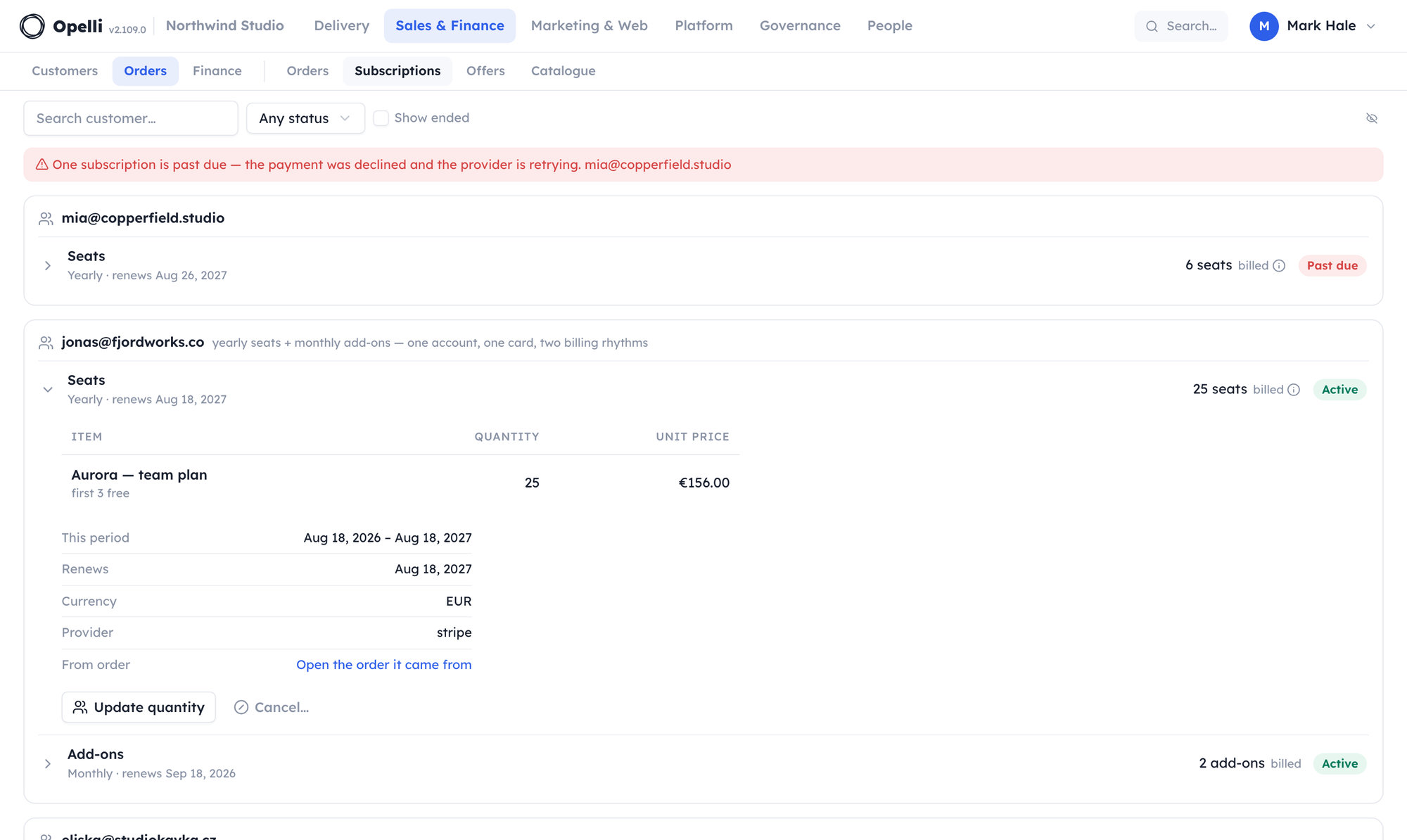 The Subscriptions tab grouped by customer: a past-due alert at the top, and one account billing yearly seats and monthly add-ons on a single card, expanded to its items and period.