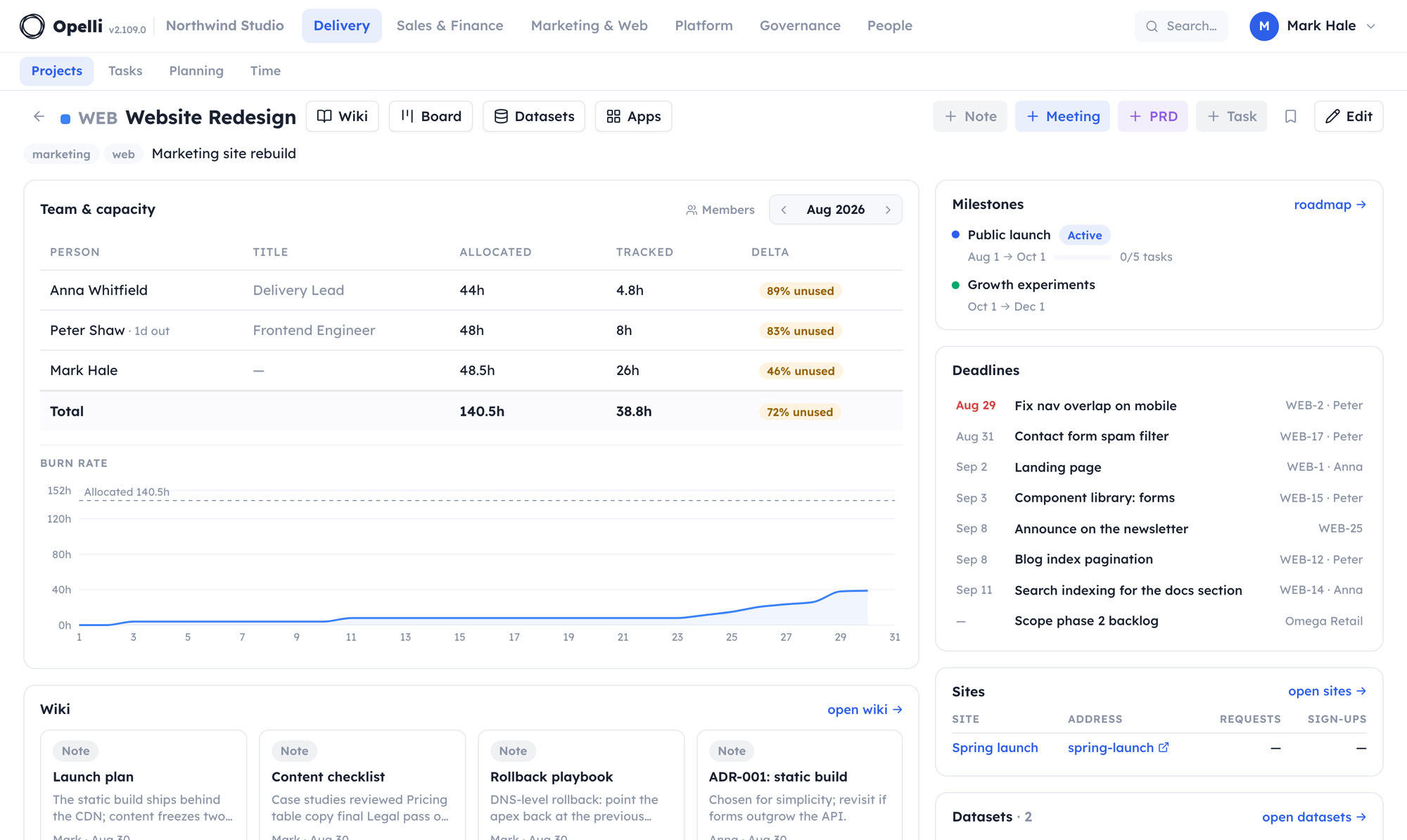 A project detail page: team and capacity table, budget chart, wiki and task widgets.