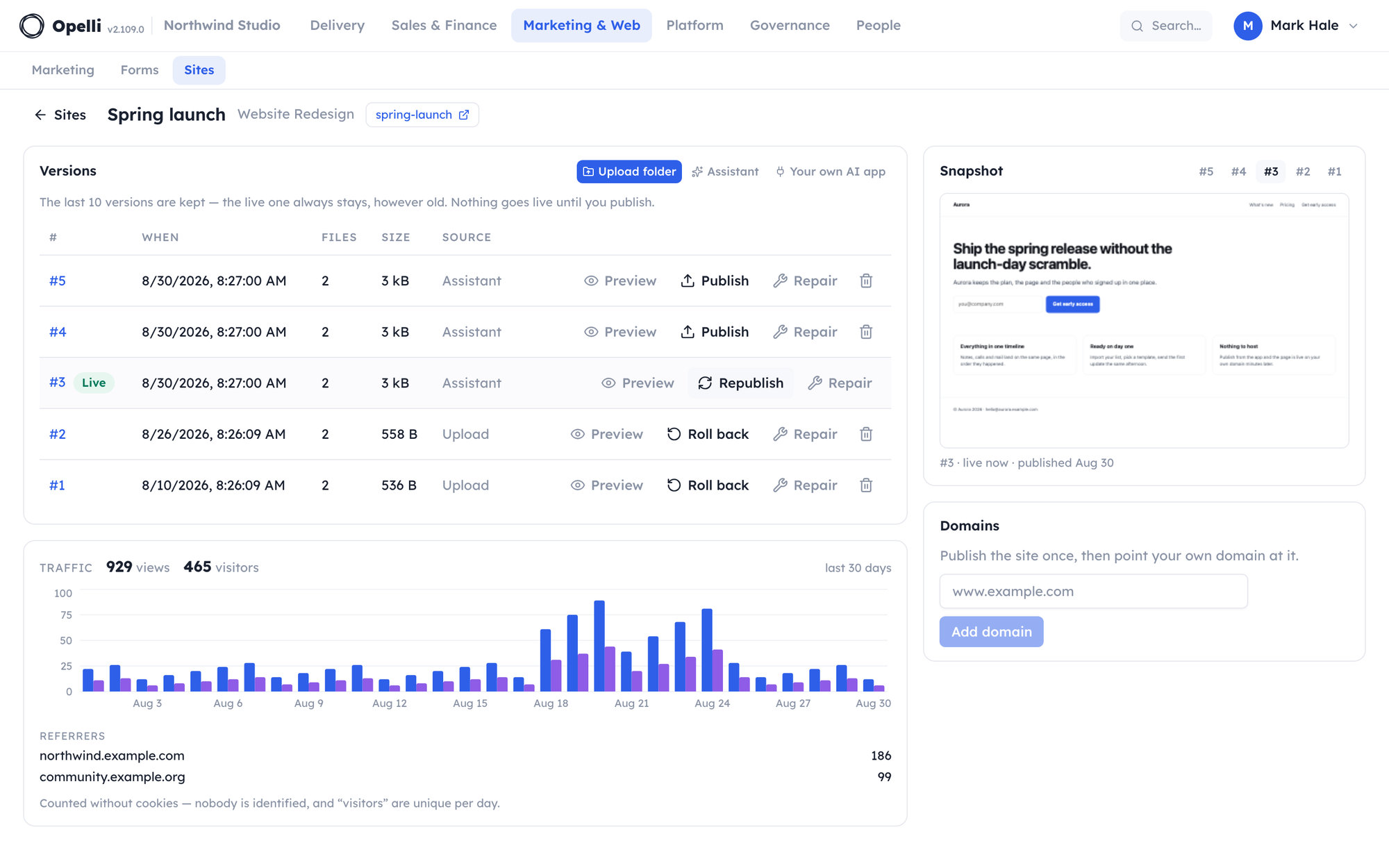 A microsite in Opelli: the version list — five versions, three written by the assistant, one marked Live, with Preview, Publish and Roll back beside the others — a picture of the page each version is, the last thirty days of visits, and a box to point your own domain at it.