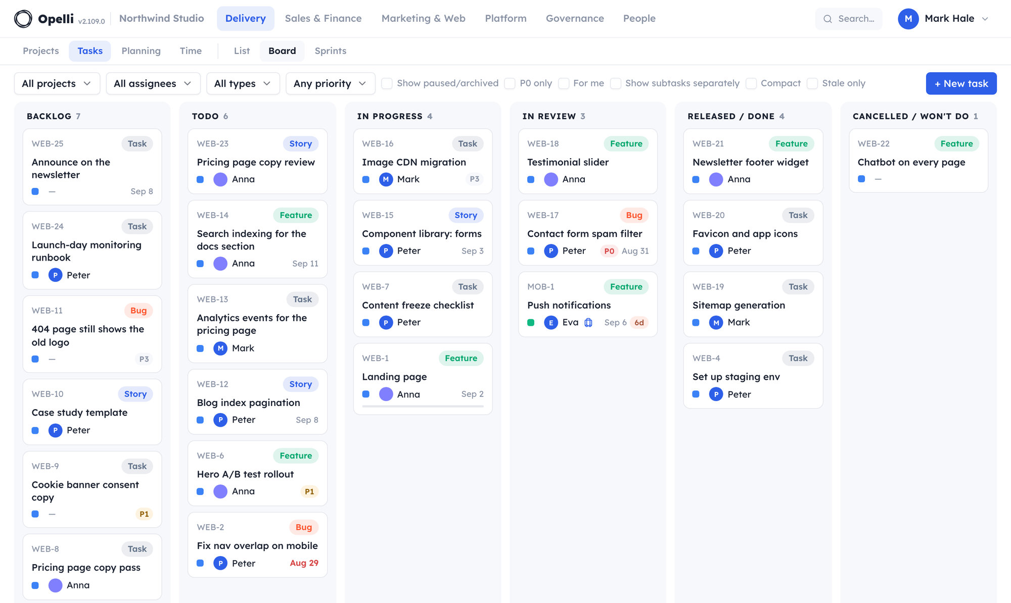 The Tasks board: status columns with typed task cards, assignees and due dates.